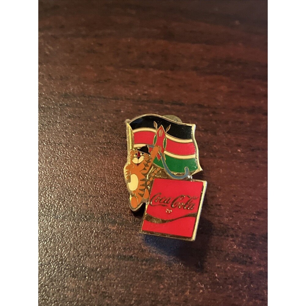 Vintage 1988 Seoul Olympics Coca Cola‎ Hodori Tiger Kenya Flag Lapel Pin